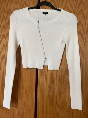 debut White Ribbed Asymmetric Zip Crop Long Sleeve Ribbed Top